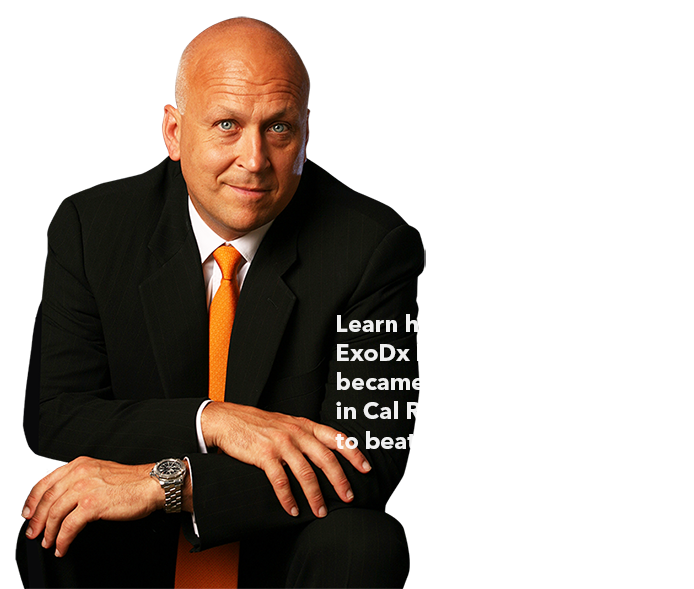 Cal Ripken Jr. in a suit with orange tie and text overlay saying "Learn how the Exodx prostate test became a 'moment of clarity in Cal Ripken Jr.'s journey to beat prostate cancer"